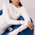 Fluidity Silver Cuff Bangle by Lavana, on model; modern organic rippled open cuff