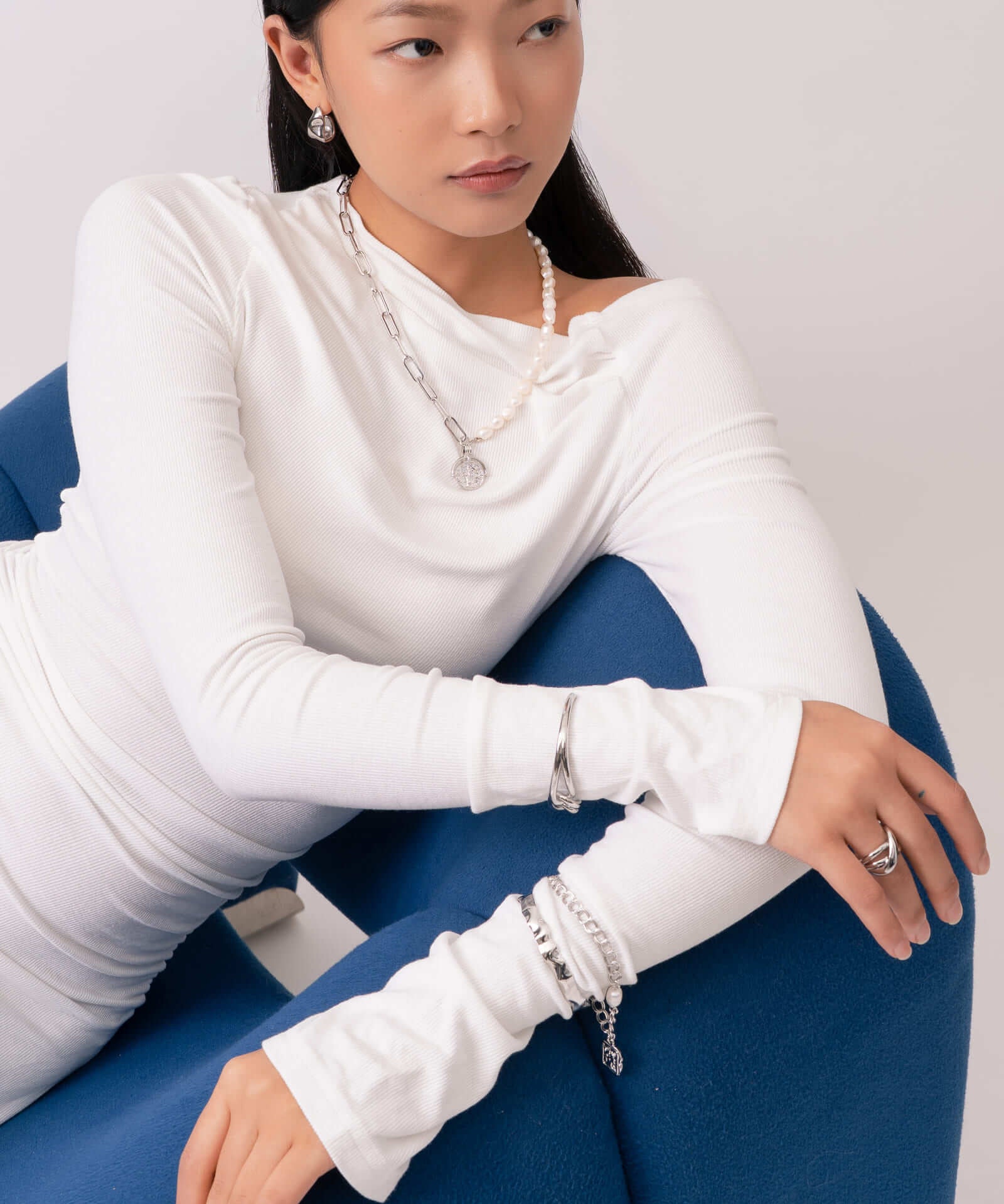Fluidity Silver Cuff Bangle by Lavana, on model; modern organic rippled open cuff