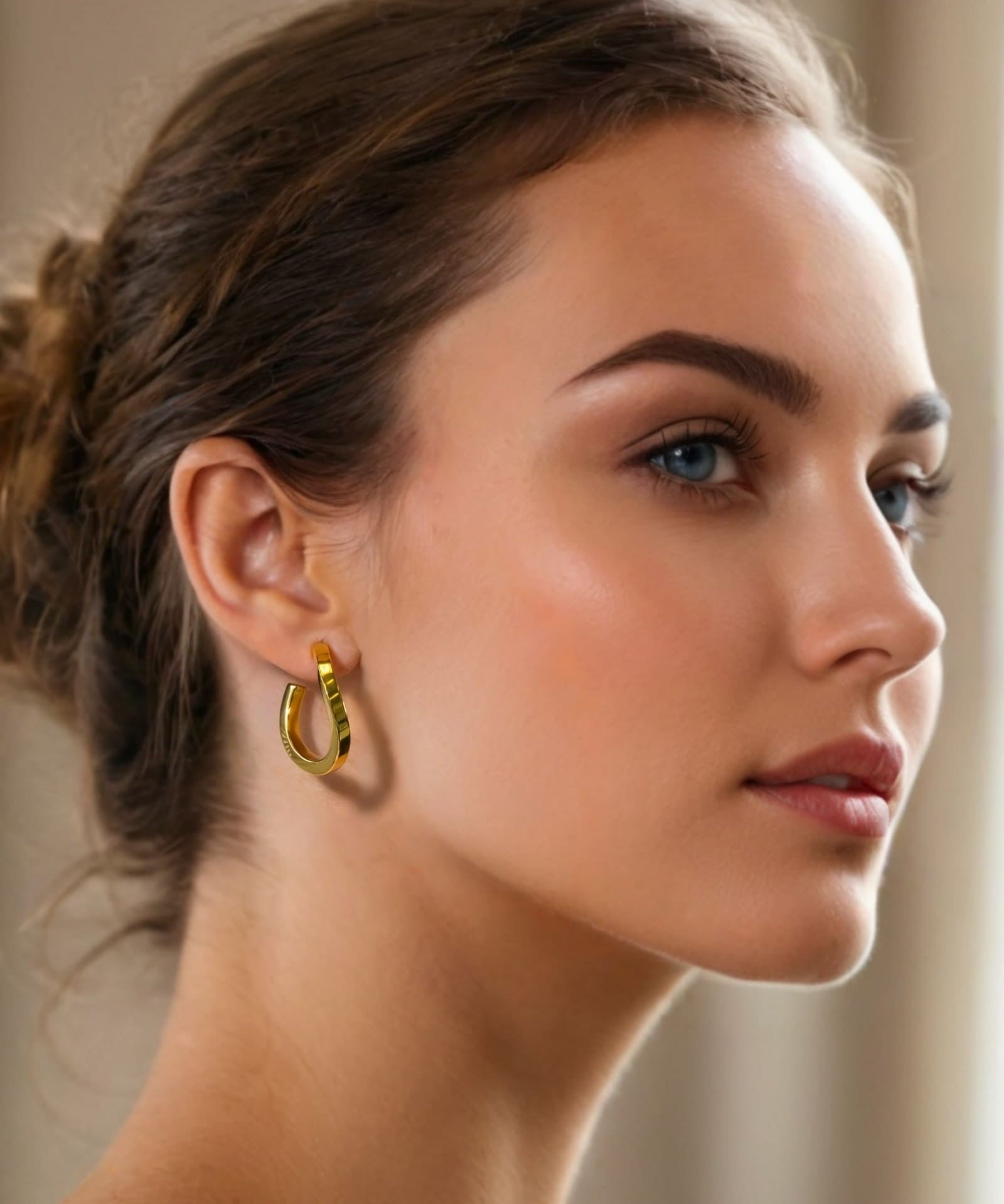 Formation Gold Hoop Earrings by Lavana on model sculpted full hoops with light textured contours