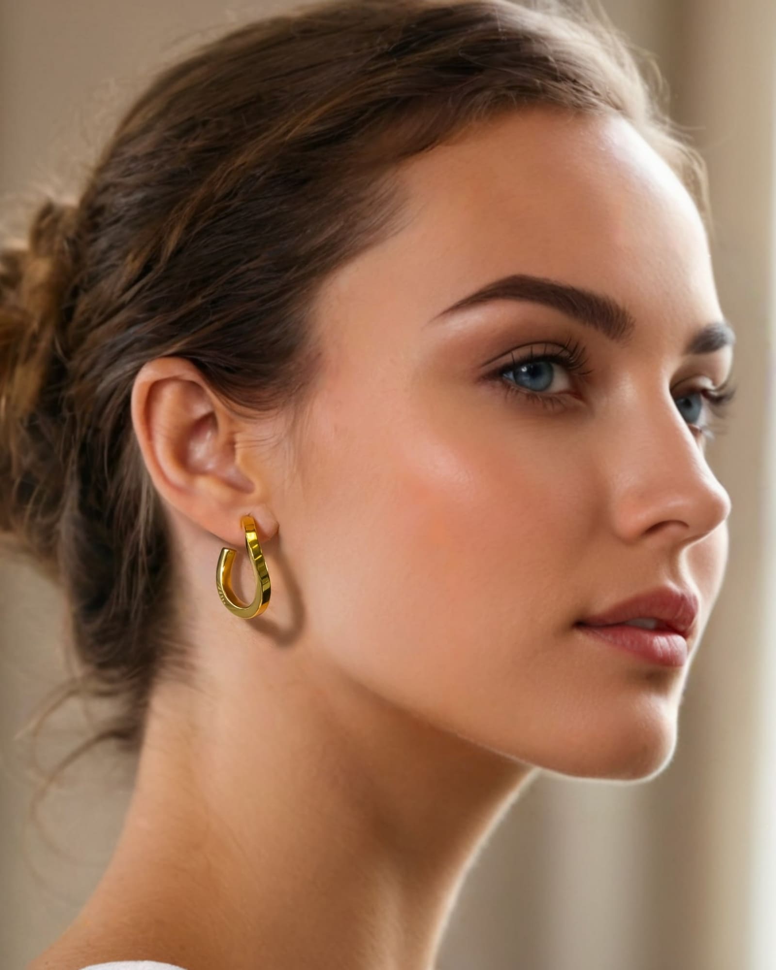 Formation Gold Hoop Earrings by Lavana on model sculpted full hoops with light textured contours
