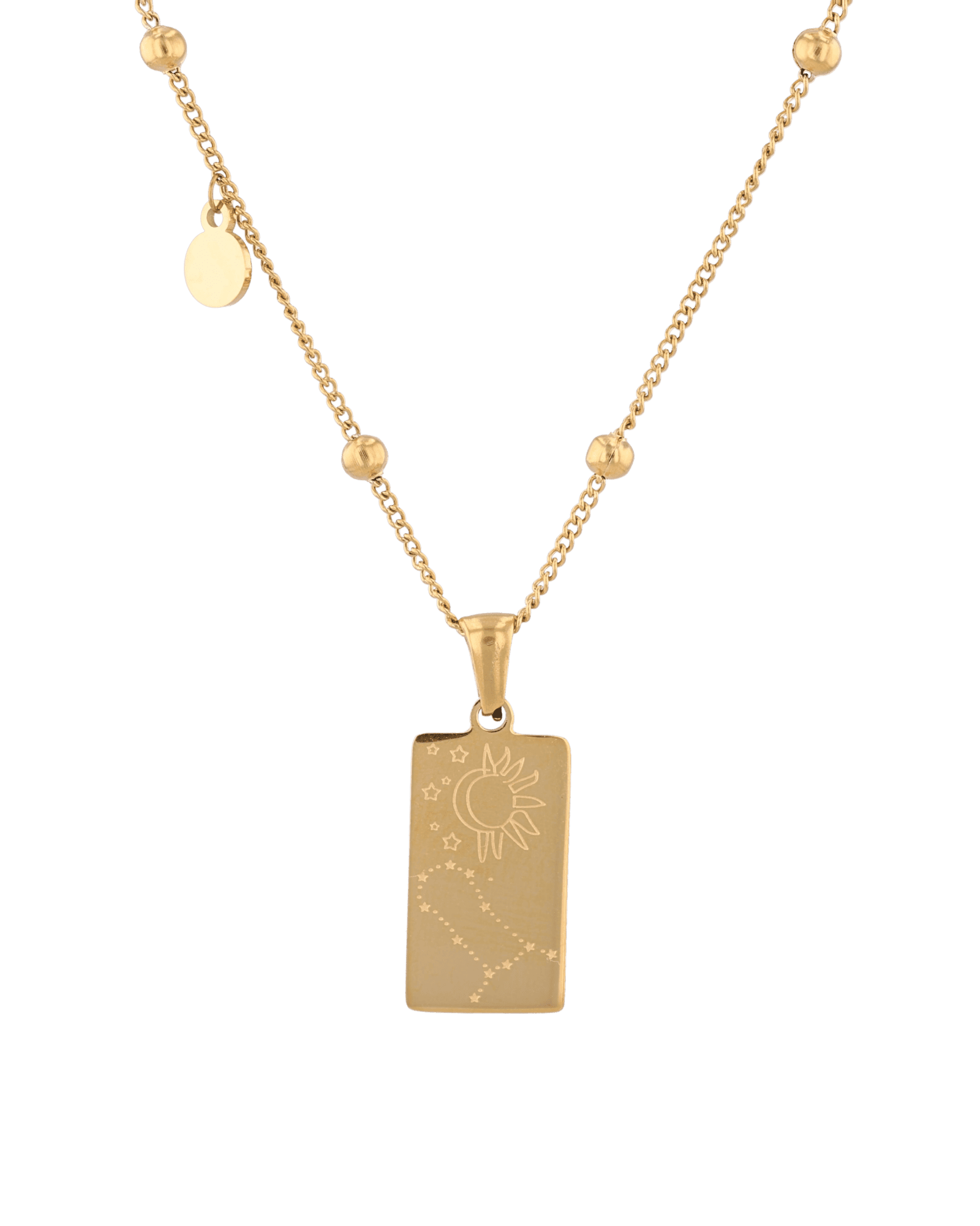 Gemini Gold Zodiac Tag Necklace by Lavana, engraved tag on beaded chain, back view