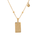 Gemini Gold Zodiac Tag Necklace by Lavana, engraved tag on beaded chain, front view