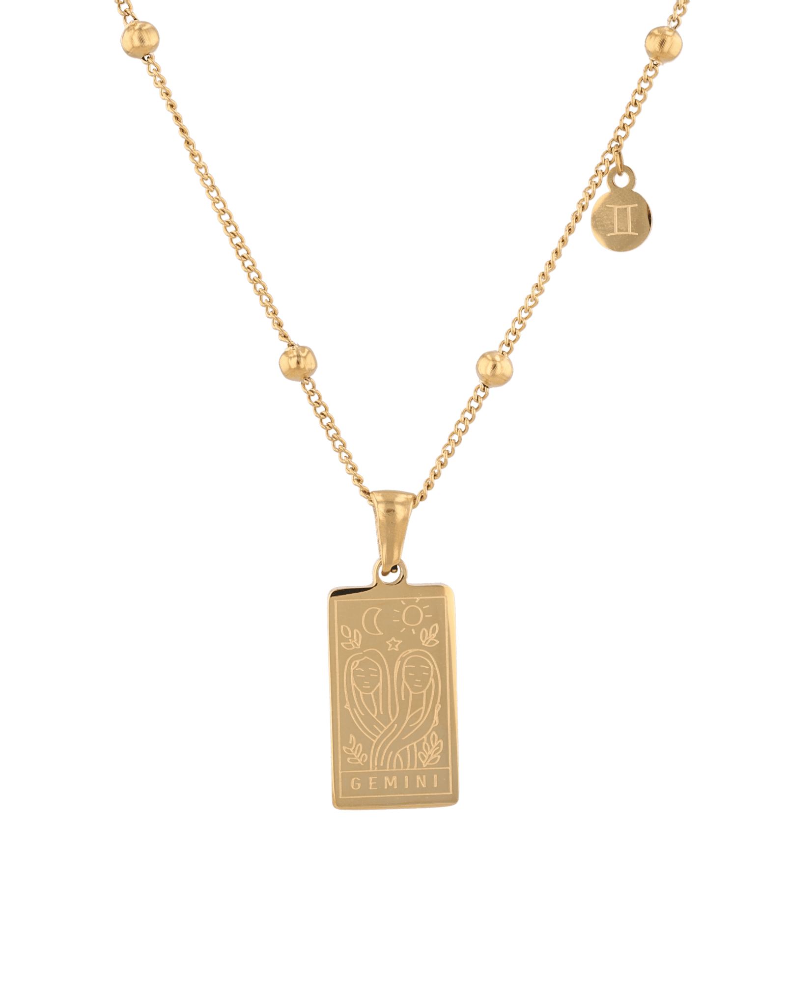 Gemini Gold Zodiac Tag Necklace by Lavana, engraved tag on beaded chain, front view