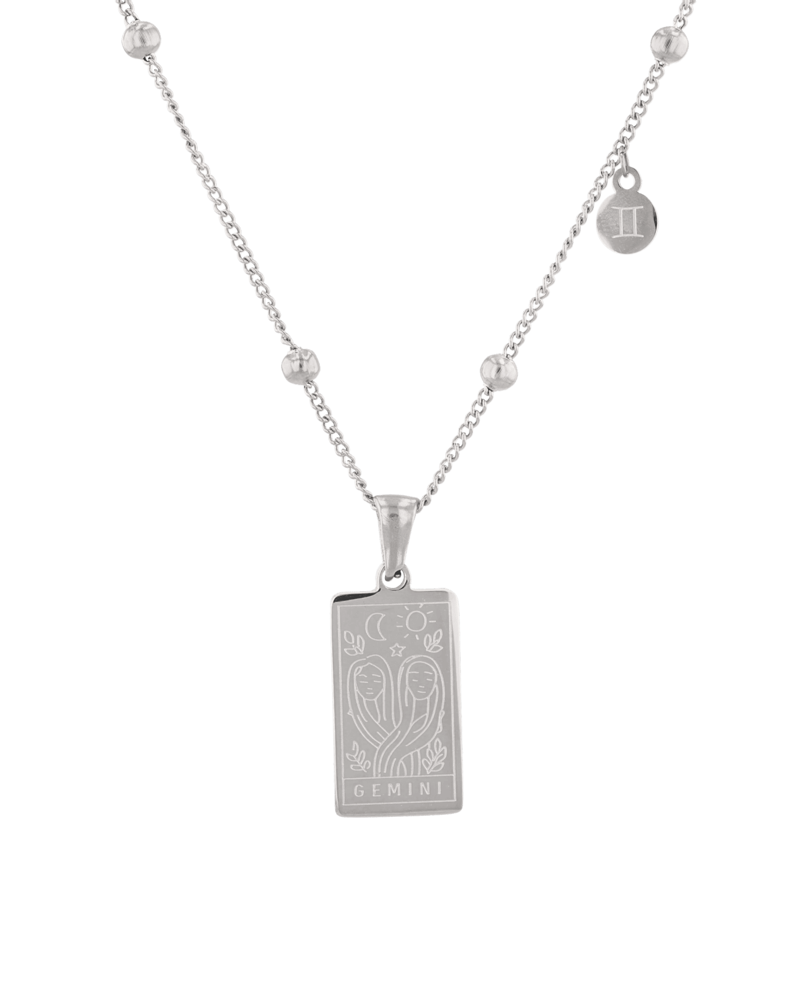Gemini Silver Zodiac Tag Necklace by Lavana, engraved tag on beaded chain, front view