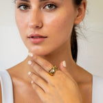 Glide Gold Chunky Crossover Statement Ring by Lavana on model with polished curves