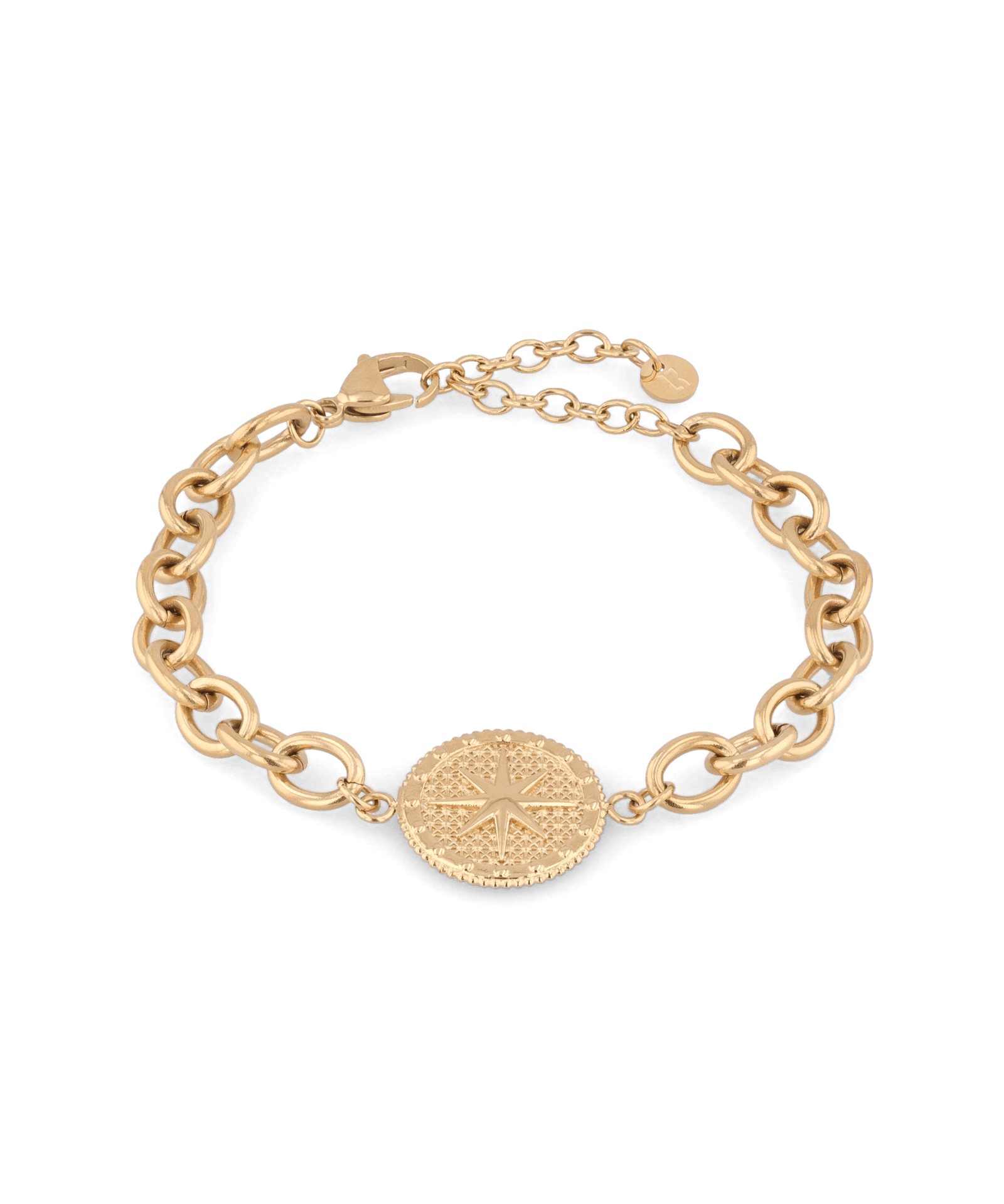 Guiding Star Gold Chain Bracelet by Lavana, compass medallion on oval link chain with extender