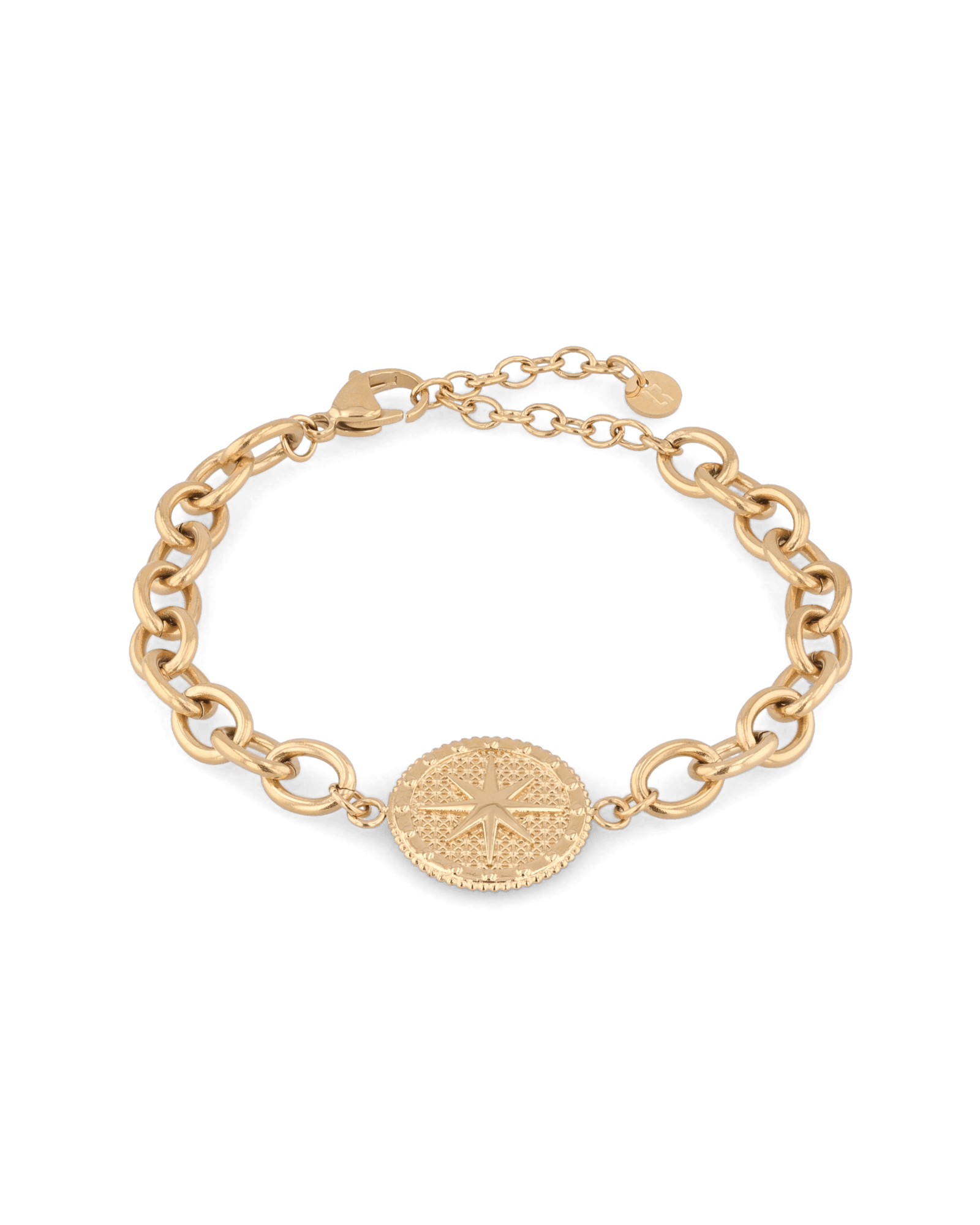 Guiding Star Gold Chain Bracelet by Lavana, compass medallion on oval link chain with extender