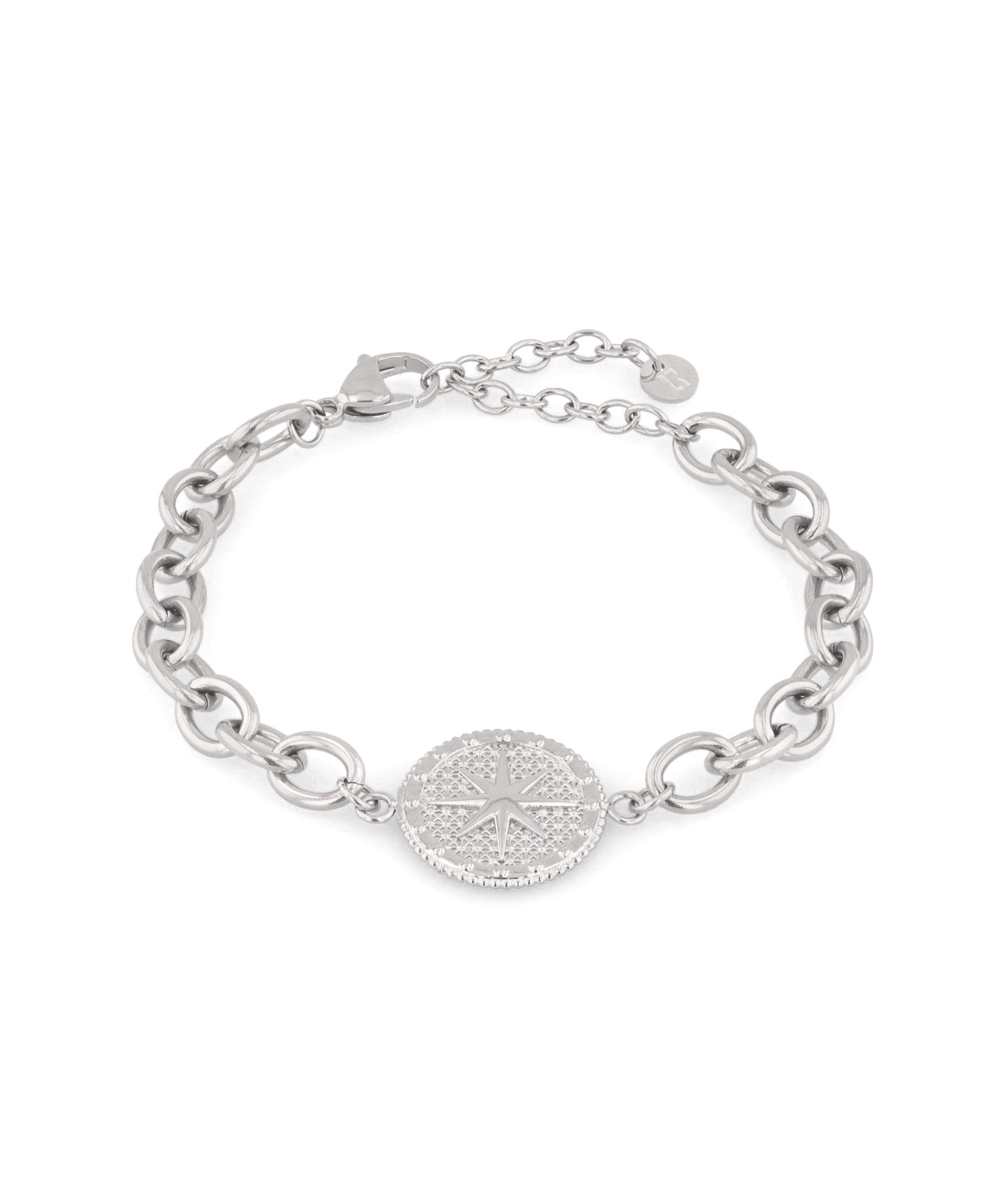 Guiding Star Silver Chain Bracelet by Lavana, compass medallion on oval link chain with extender