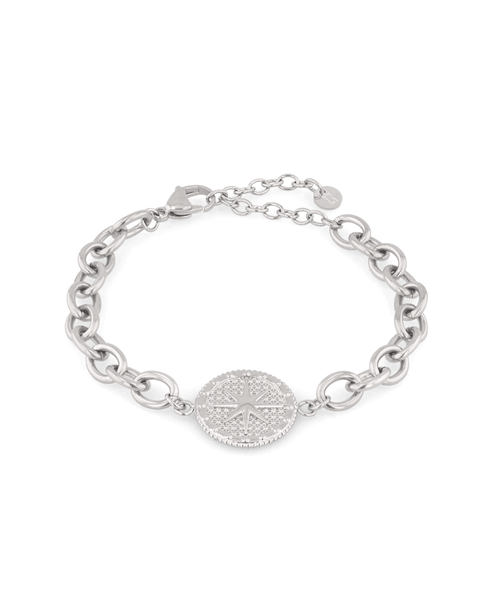 Guiding Star Silver Chain Bracelet by Lavana, compass medallion on oval link chain with extender