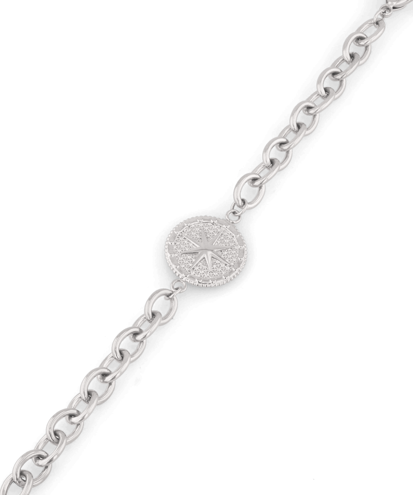 Guiding Star Silver Chain Bracelet by Lavana, compass medallion on oval link chain with extender