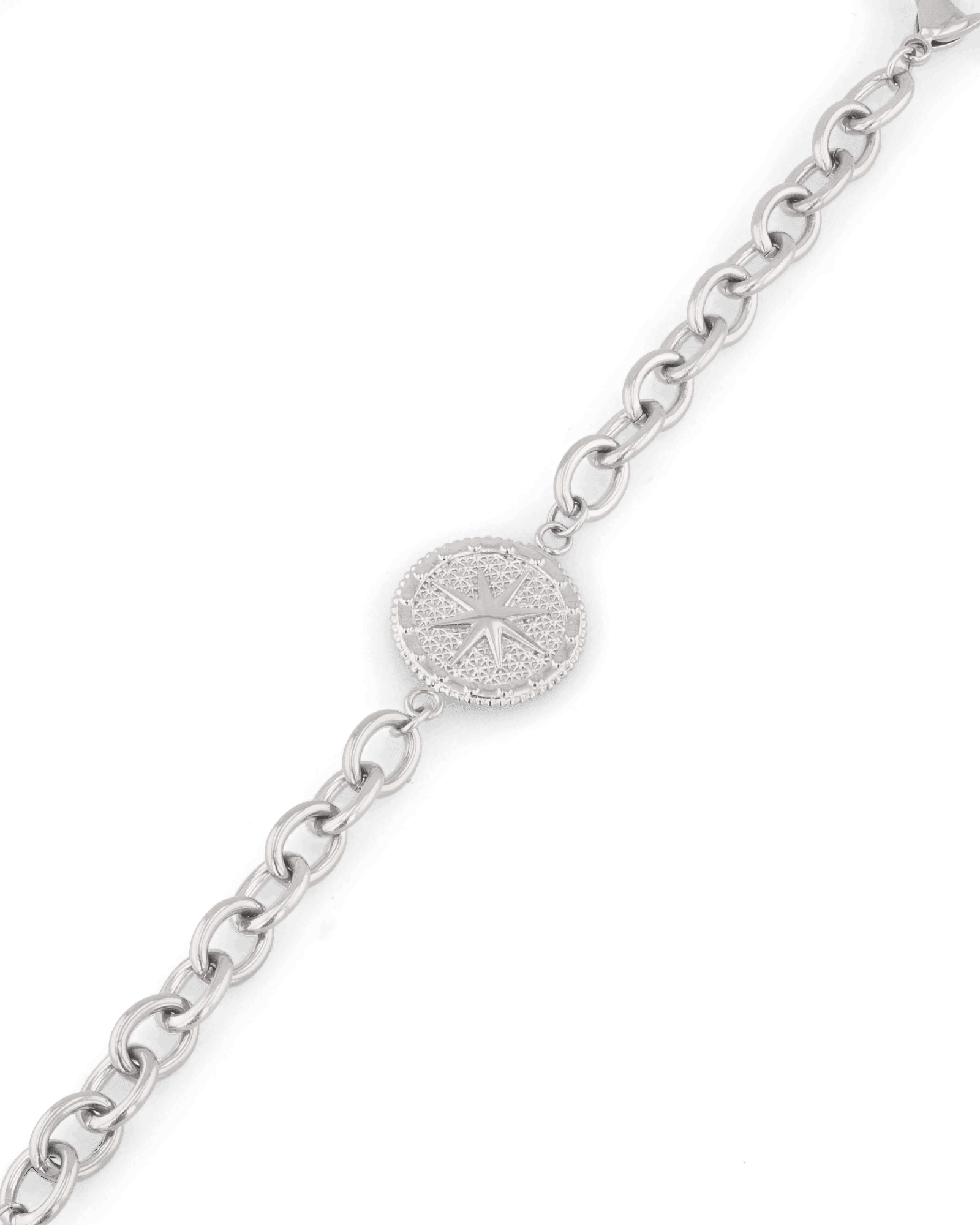 Guiding Star Silver Chain Bracelet by Lavana, compass medallion on oval link chain with extender
