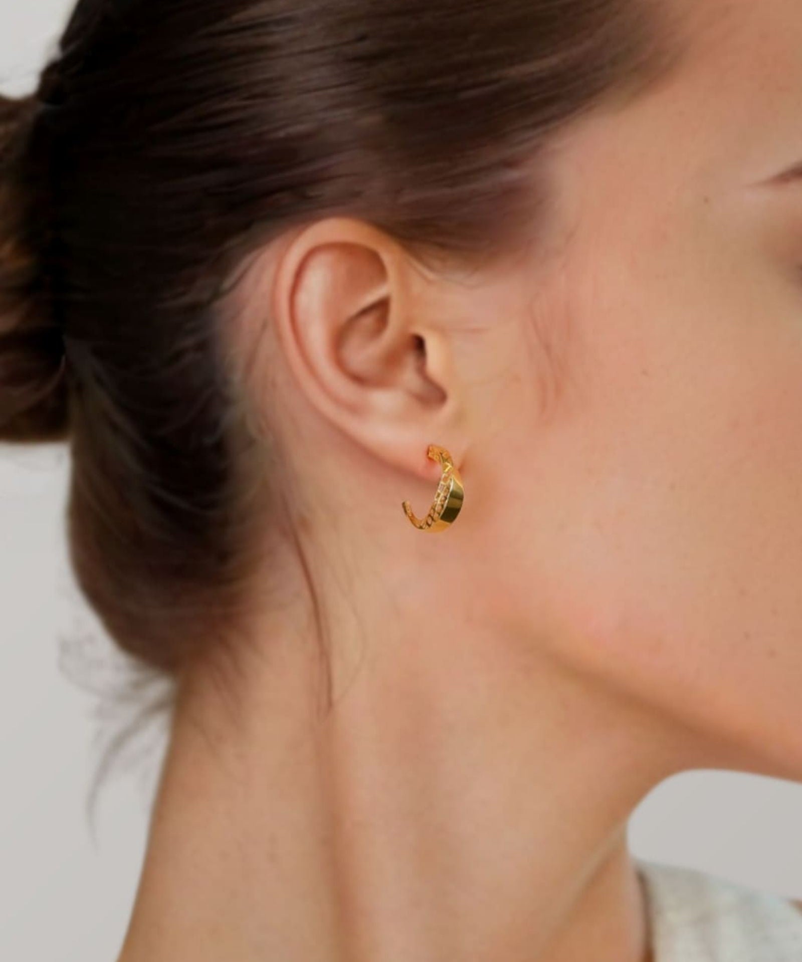 Half Moon Gold Hoop Earrings by Lavana on model polished front with open lattice crescent