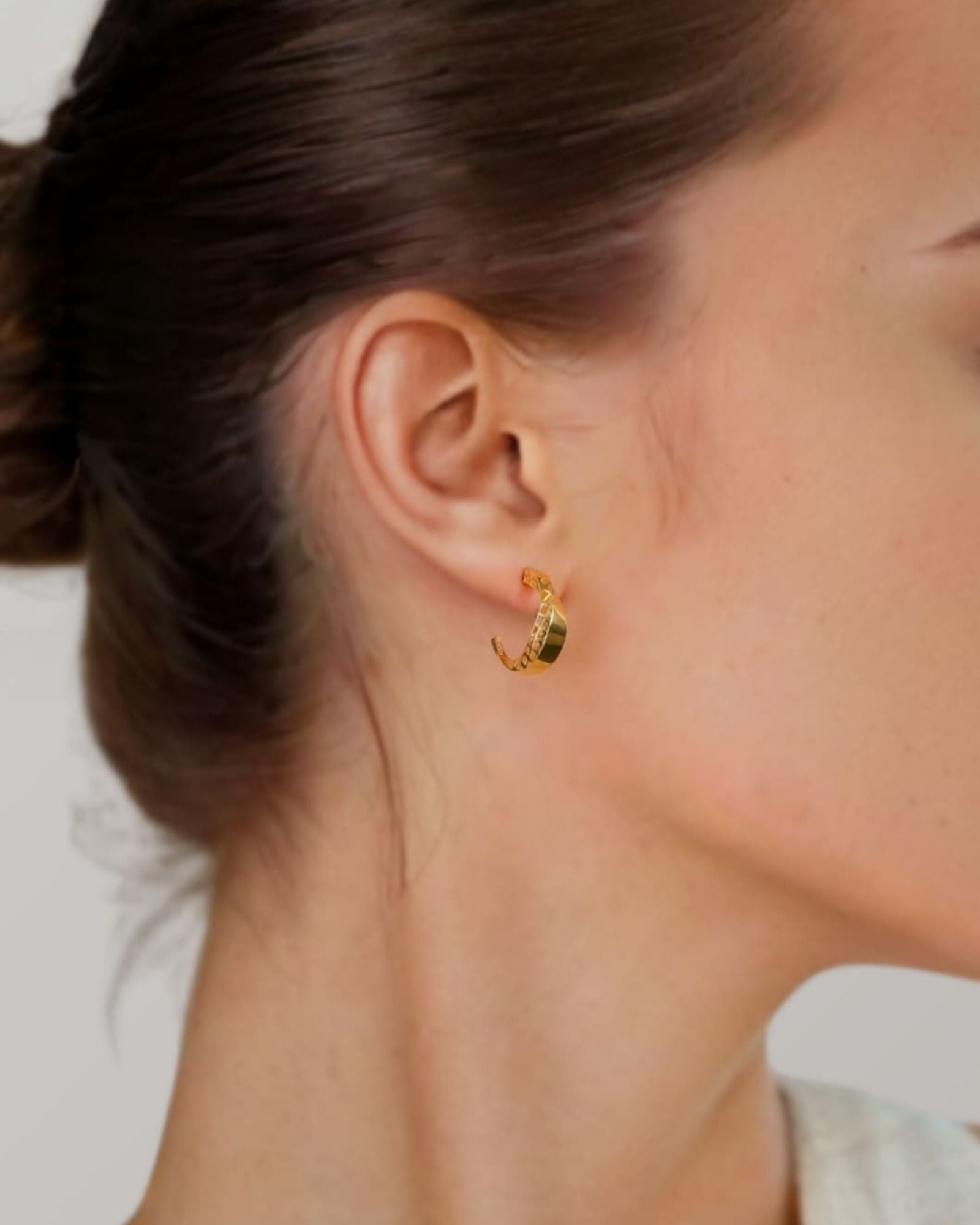 Half Moon Gold Hoop Earrings by Lavana on model polished front with open lattice crescent