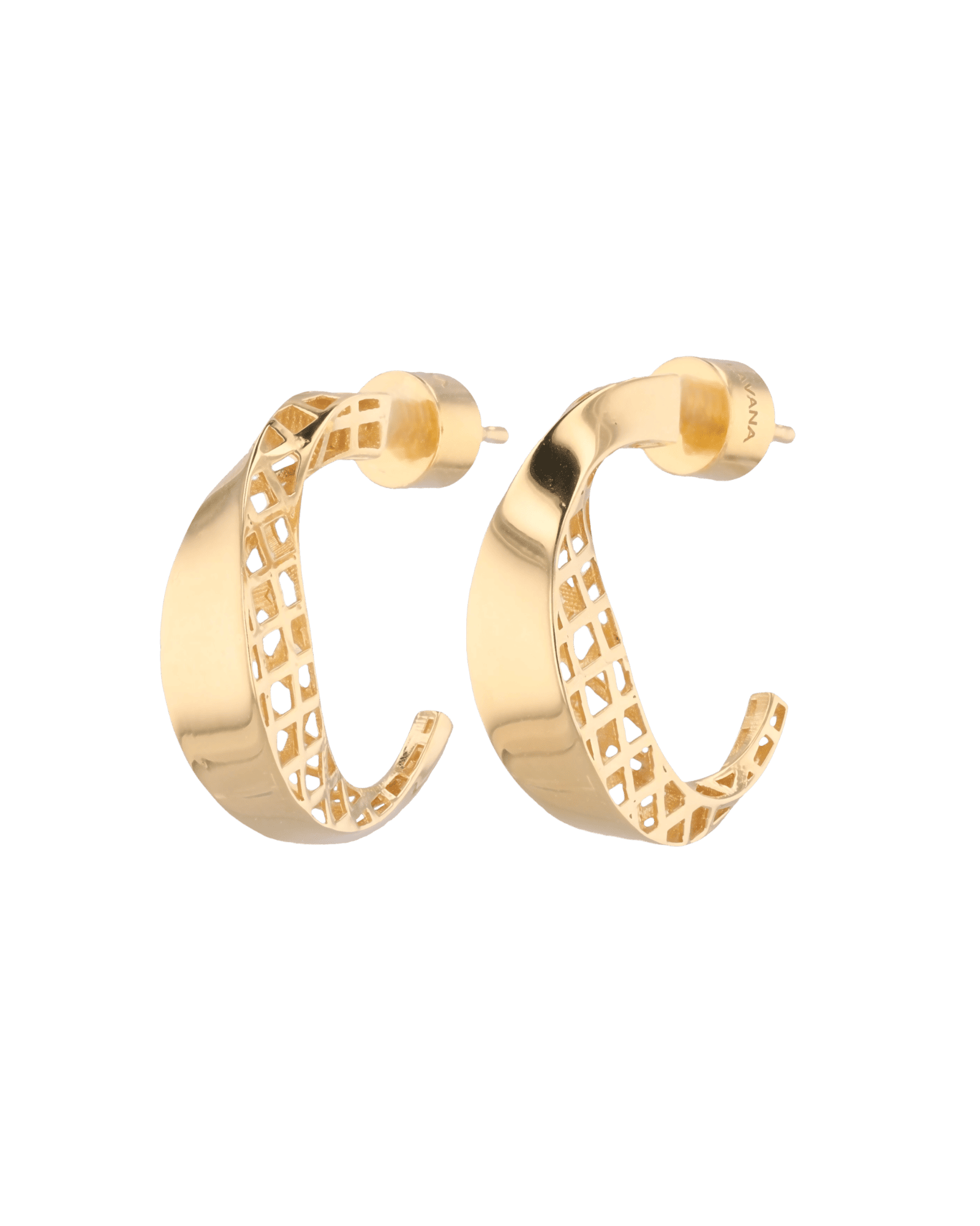 Half Moon Gold Hoop Earrings by Lavana, polished front with open lattice crescent