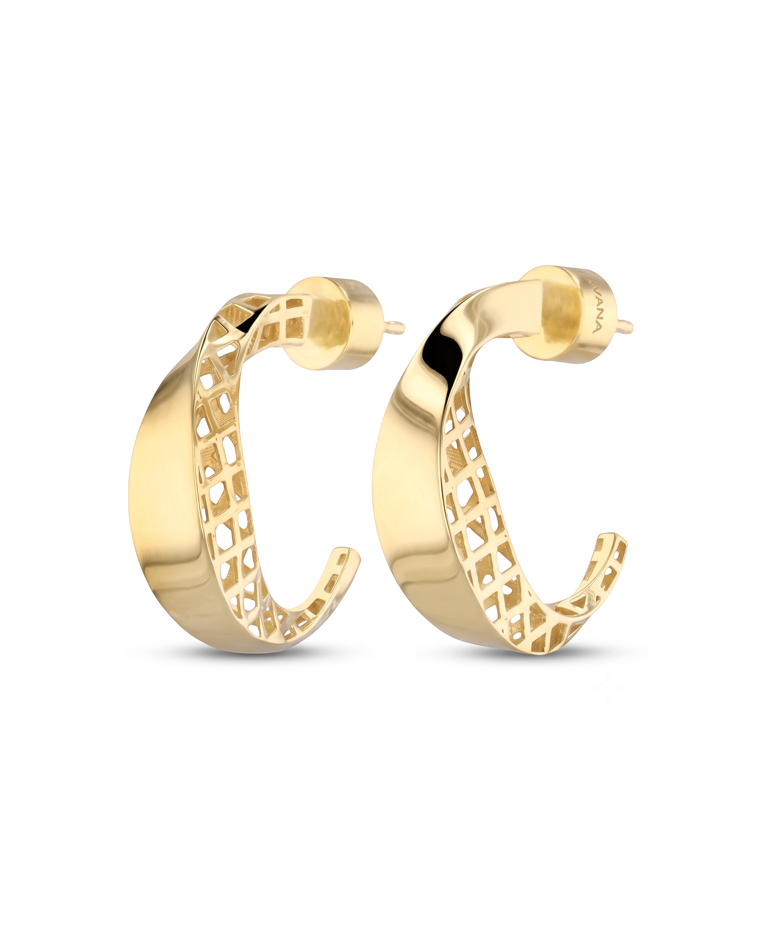 Half Moon Gold Hoop Earrings by Lavana, polished front with open lattice crescent