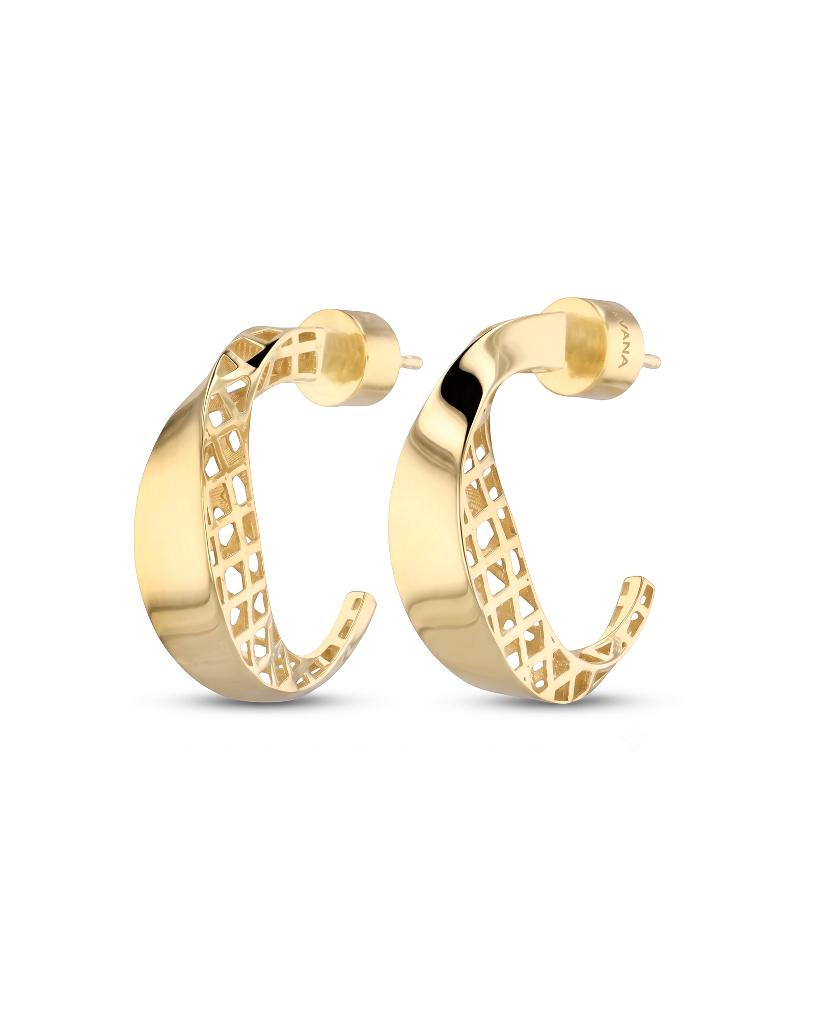 Half Moon Gold Hoop Earrings by Lavana, polished front with open lattice crescent