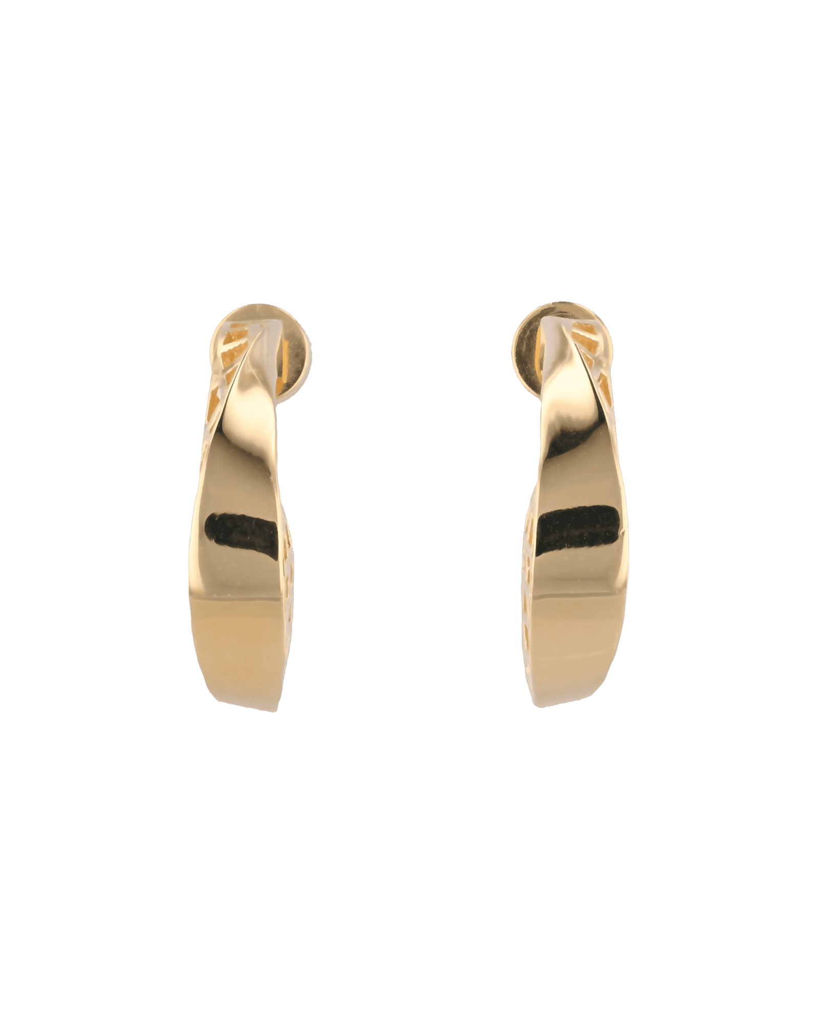 Half Moon Gold Hoop Earrings by Lavana, polished front with open lattice crescent