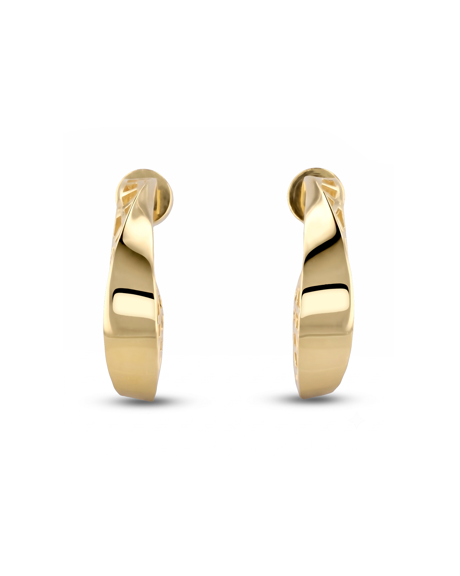 Half Moon Gold Hoop Earrings by Lavana, polished front with open lattice crescent