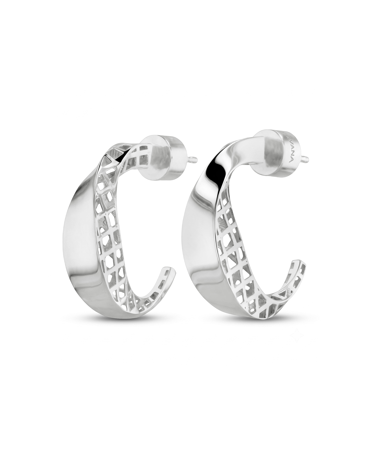 Half Moon Sterling Silver Hoop Earrings by Lavana, polished front with geometric lattice interior