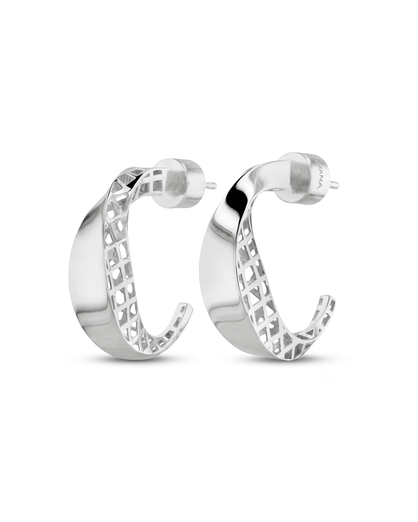 Half Moon Sterling Silver Hoop Earrings by Lavana, polished front with geometric lattice interior
