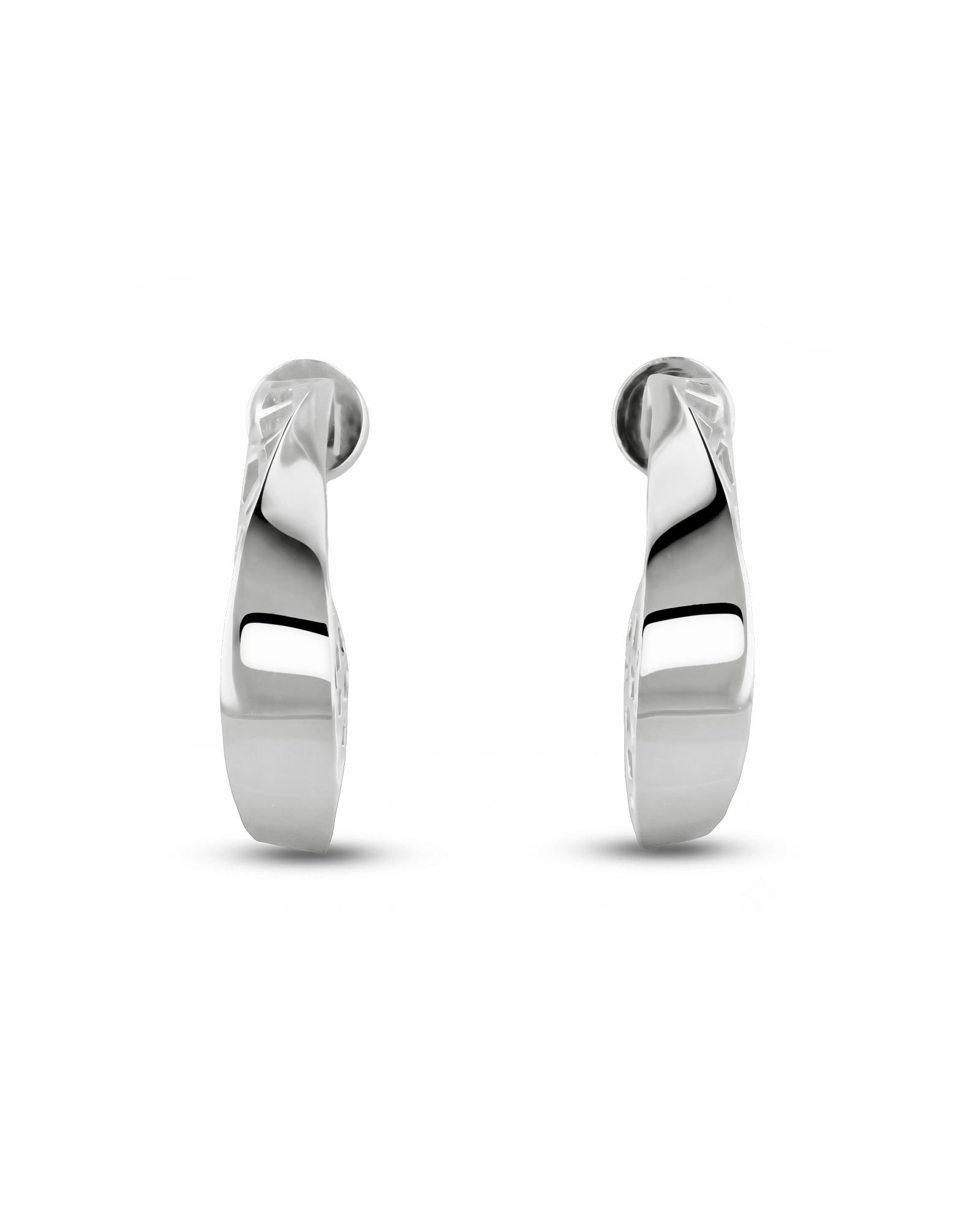 Half Moon Sterling Silver Hoop Earrings by Lavana, polished front with geometric lattice interior