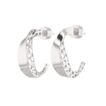 Half Moon Sterling Silver Hoop Earrings by Lavana, polished front with geometric lattice interior