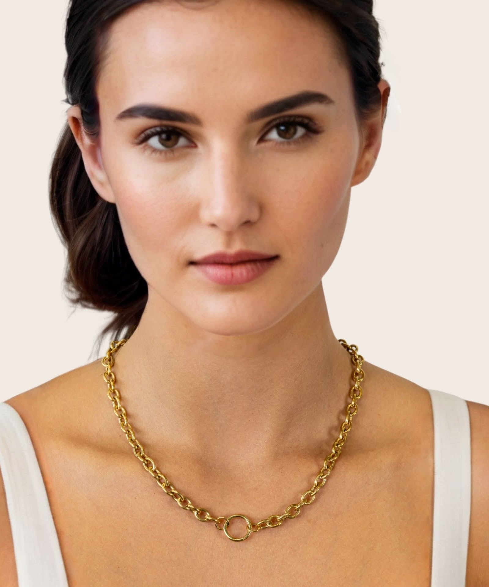 Halo Gold Charm Necklace by Lavana, on model; rolo chain with openable front ring for charms 