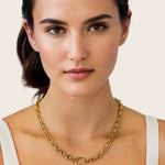 Halo Gold Charm Necklace by Lavana, on model; rolo chain with openable front ring for charms 
