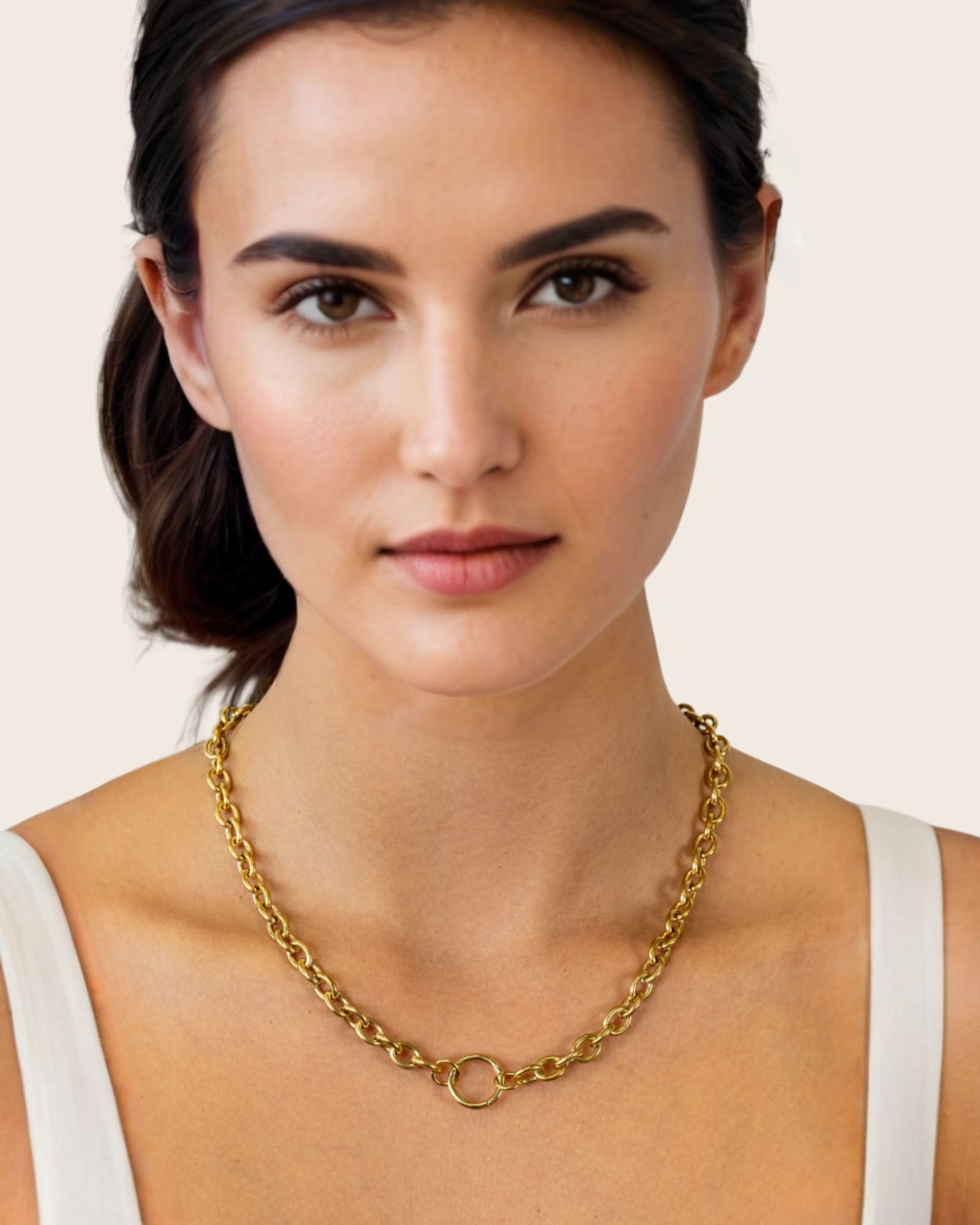Halo Gold Charm Necklace by Lavana, on model; rolo chain with openable front ring for charms 