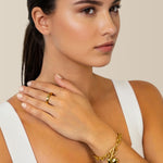 Heart Tag T-Bar Gold Chain Bracelet by Lavana on model rounded links with toggle clasp and heart charm