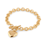 Heart Tag T-Bar Gold Chain Bracelet by Lavana, rounded links with toggle clasp and heart charm - 1