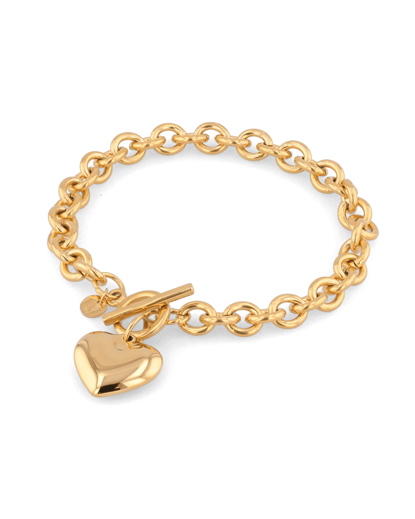 Heart Tag T-Bar Gold Chain Bracelet by Lavana, rounded links with toggle clasp and heart charm - 1