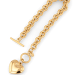 Heart Tag T-Bar Gold Chain Bracelet by Lavana, rounded links with toggle clasp and heart charm - 2