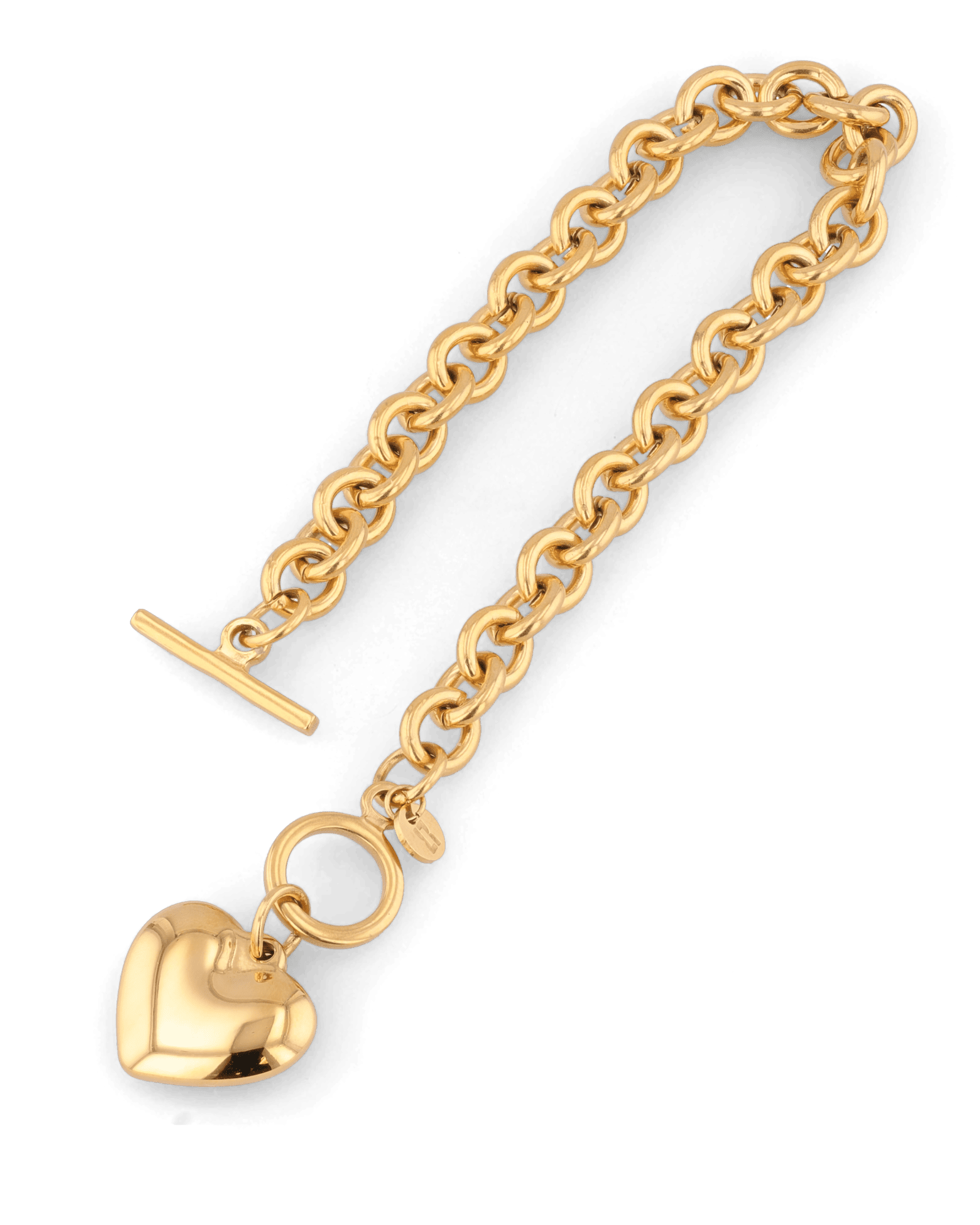 Heart Tag T-Bar Gold Chain Bracelet by Lavana, rounded links with toggle clasp and heart charm - 2
