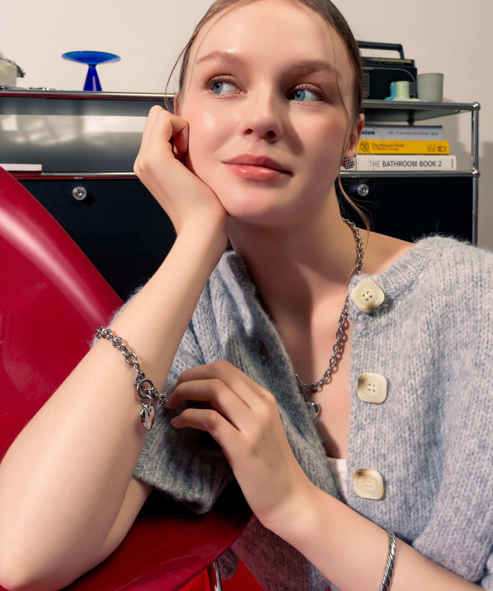 Heart Tag T-bar Silver Chain Bracelet by Lavana, on model rounded links with toggle clasp and classic heart charm 