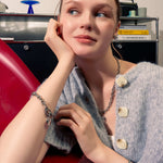 Heart Tag T-bar Silver Chain Bracelet by Lavana, on model rounded links with toggle clasp and classic heart charm 