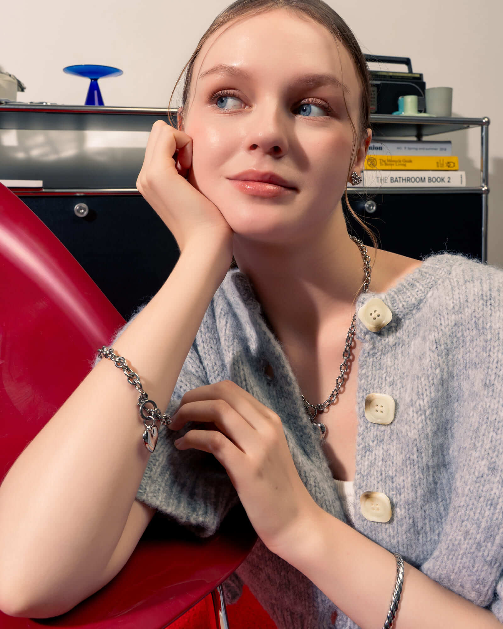 Heart Tag T-bar Silver Chain Bracelet by Lavana, on model rounded links with toggle clasp and classic heart charm 