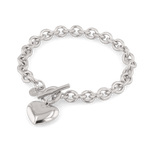 Heart Tag T-Bar Silver Chain Bracelet by Lavana, rounded links with toggle clasp and heart charm - 1