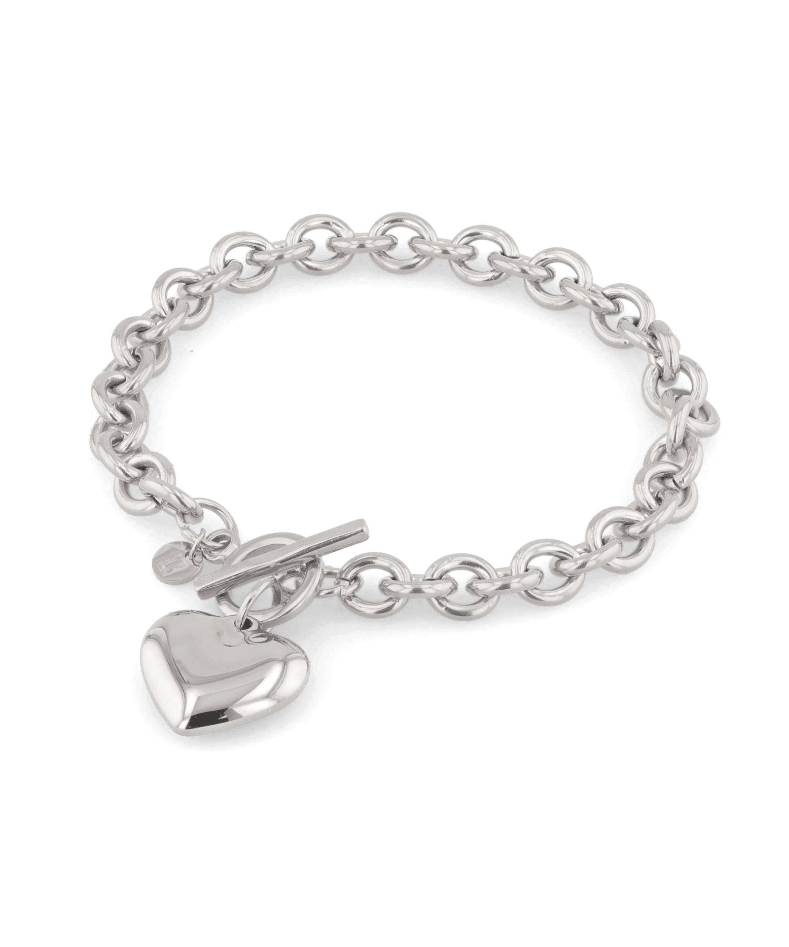 Heart Tag T-Bar Silver Chain Bracelet by Lavana, rounded links with toggle clasp and heart charm - 1