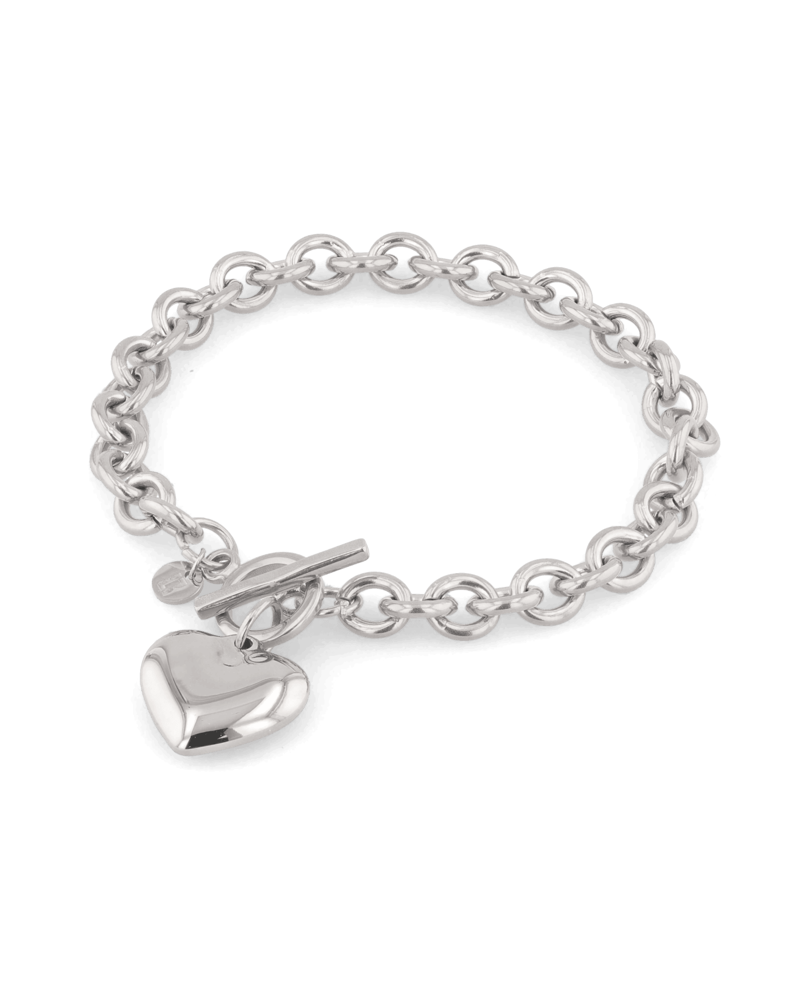 Heart Tag T-Bar Silver Chain Bracelet by Lavana, rounded links with toggle clasp and heart charm - 1