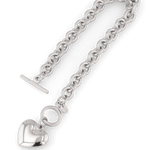 Heart Tag T-Bar Silver Chain Bracelet by Lavana, rounded links with toggle clasp and heart charm - 2