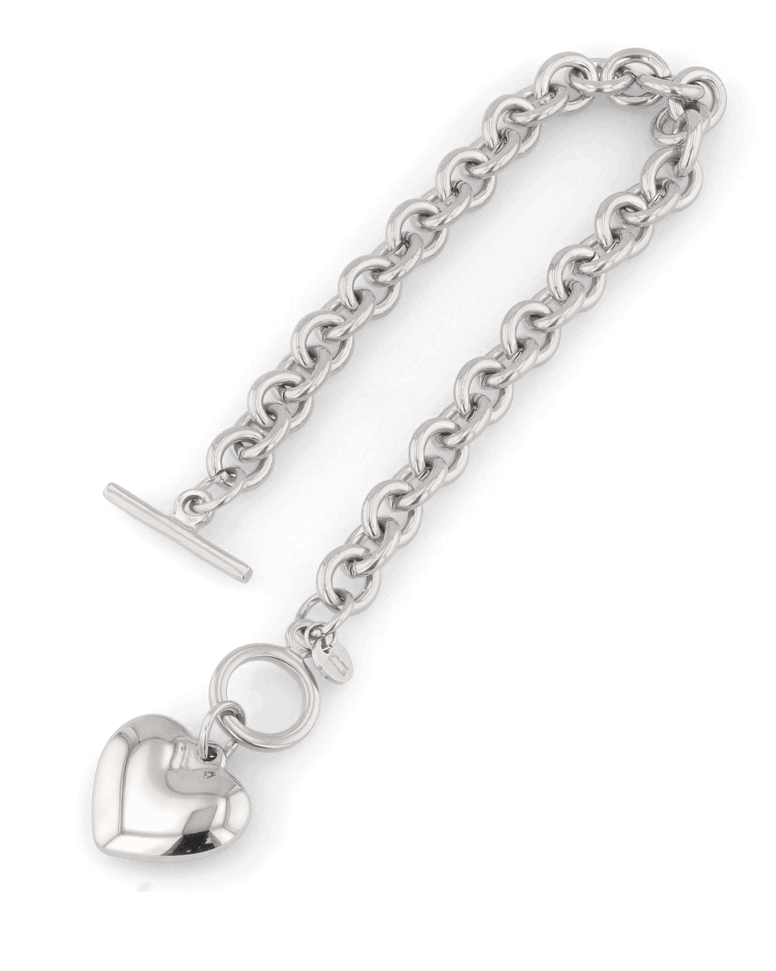 Heart Tag T-Bar Silver Chain Bracelet by Lavana, rounded links with toggle clasp and heart charm - 2