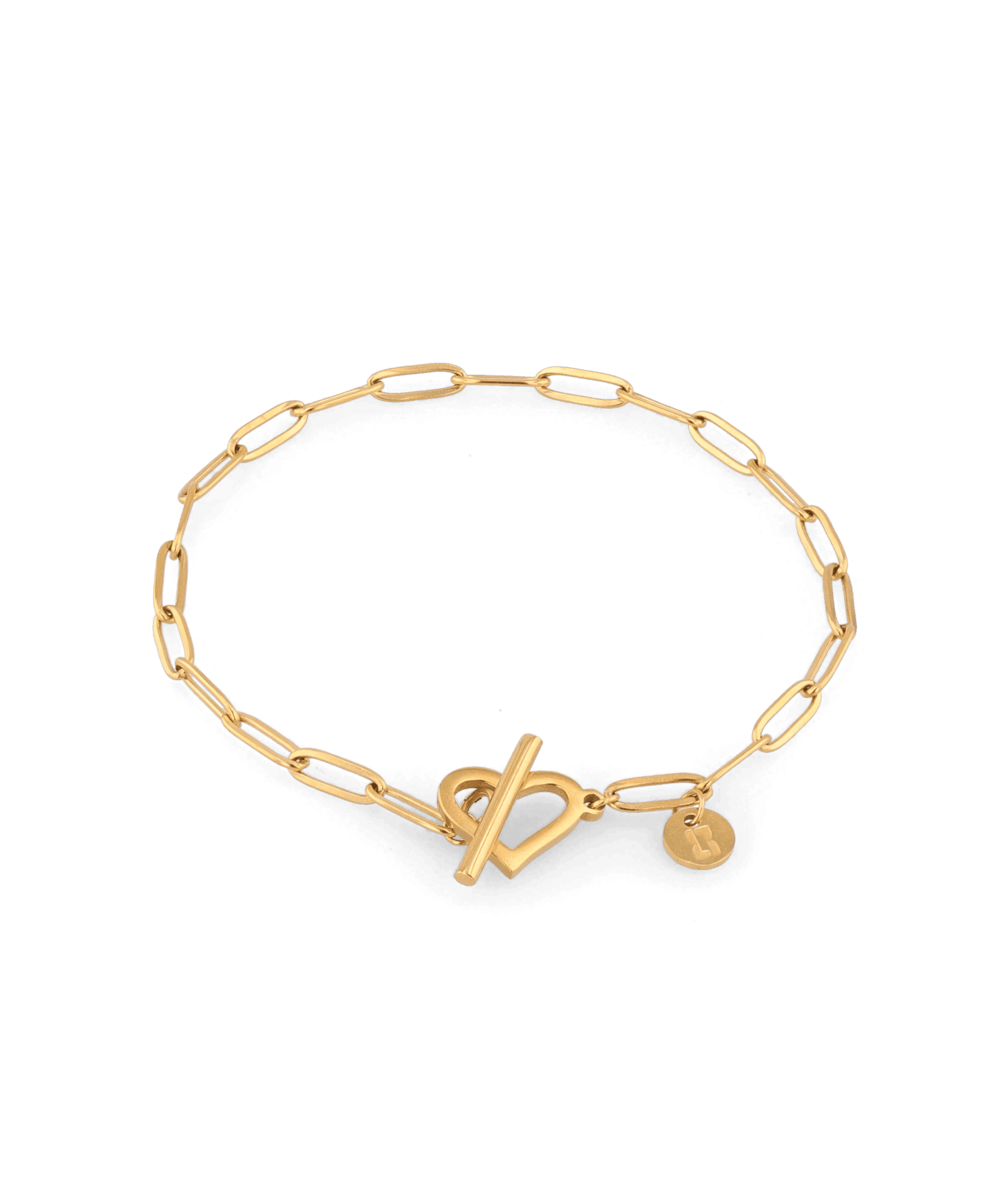 Heartlock Gold Paperclip Bracelet by Lavana, paperclip links with front heart T-bar toggle