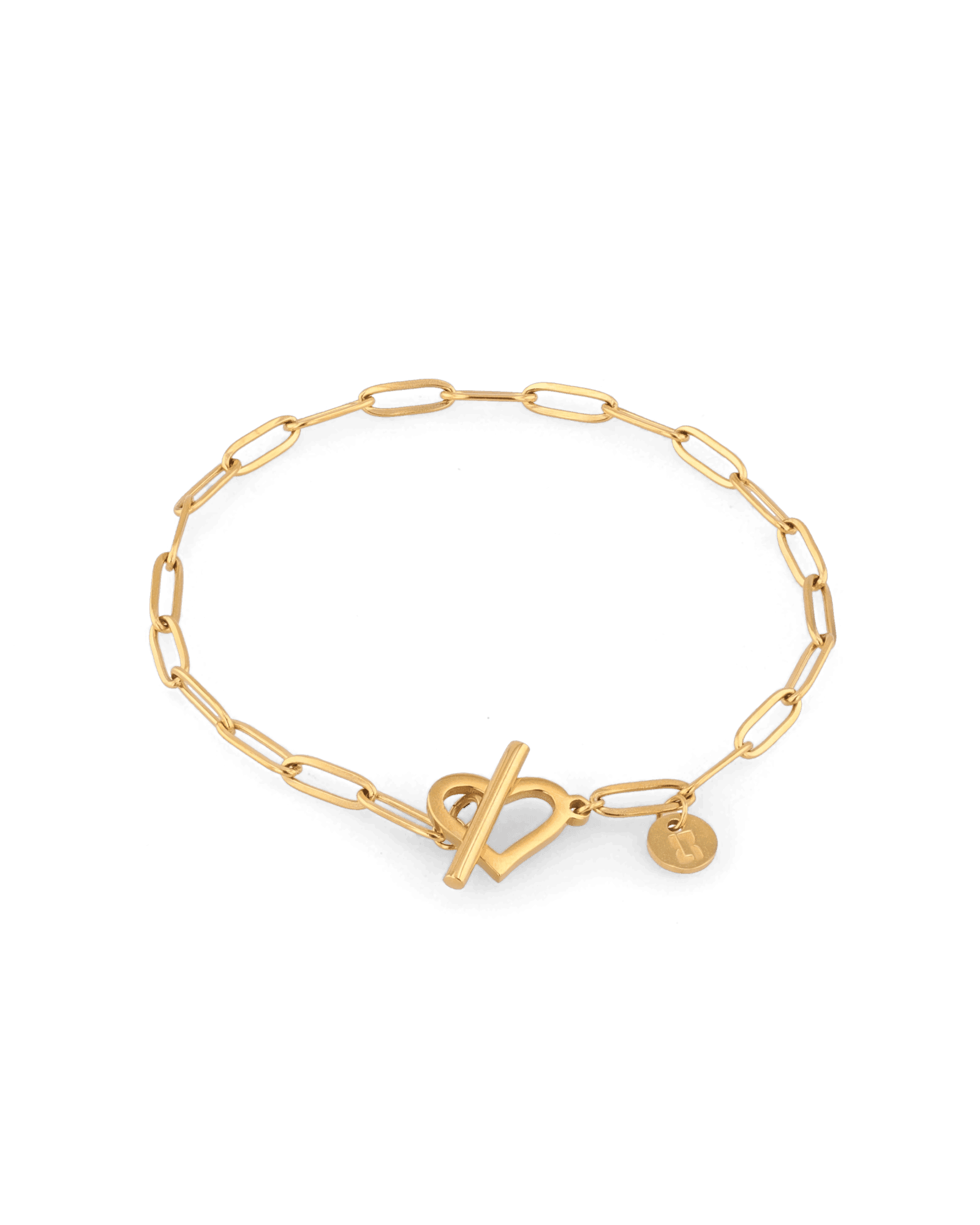 Heartlock Gold Paperclip Bracelet by Lavana, paperclip links with front heart T-bar toggle