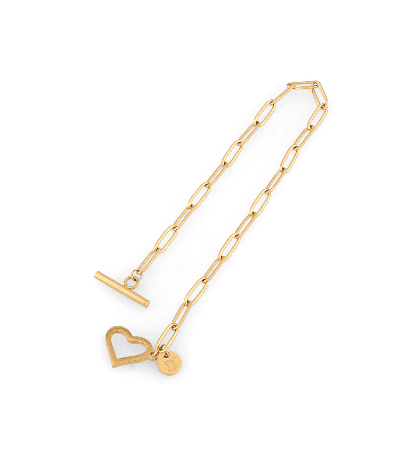 Heartlock Gold Paperclip Bracelet by Lavana, paperclip links with front heart T-bar toggle