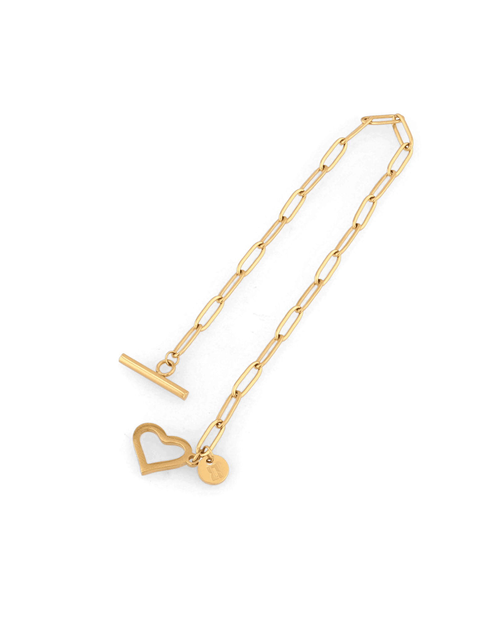 Heartlock Gold Paperclip Bracelet by Lavana, paperclip links with front heart T-bar toggle