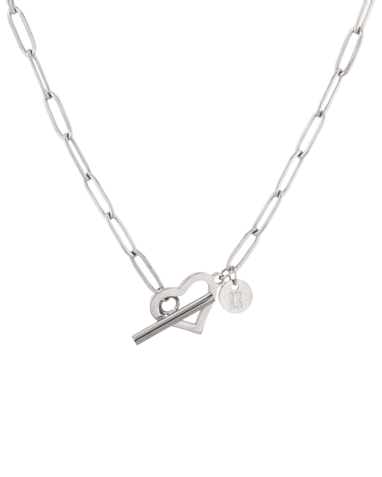 Heartlock Silver Paperclip Necklace by Lavana paperclip chain with front heart T-bar clasp