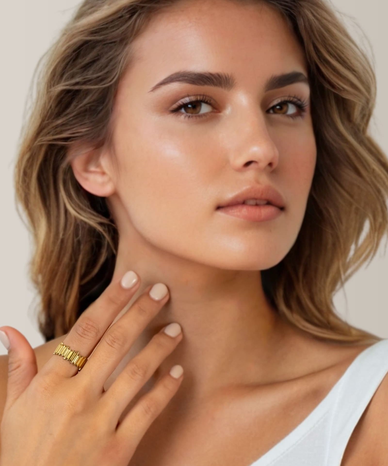 Horizon Gold Open Ring by Lavana on model sculptural vertical column open ring