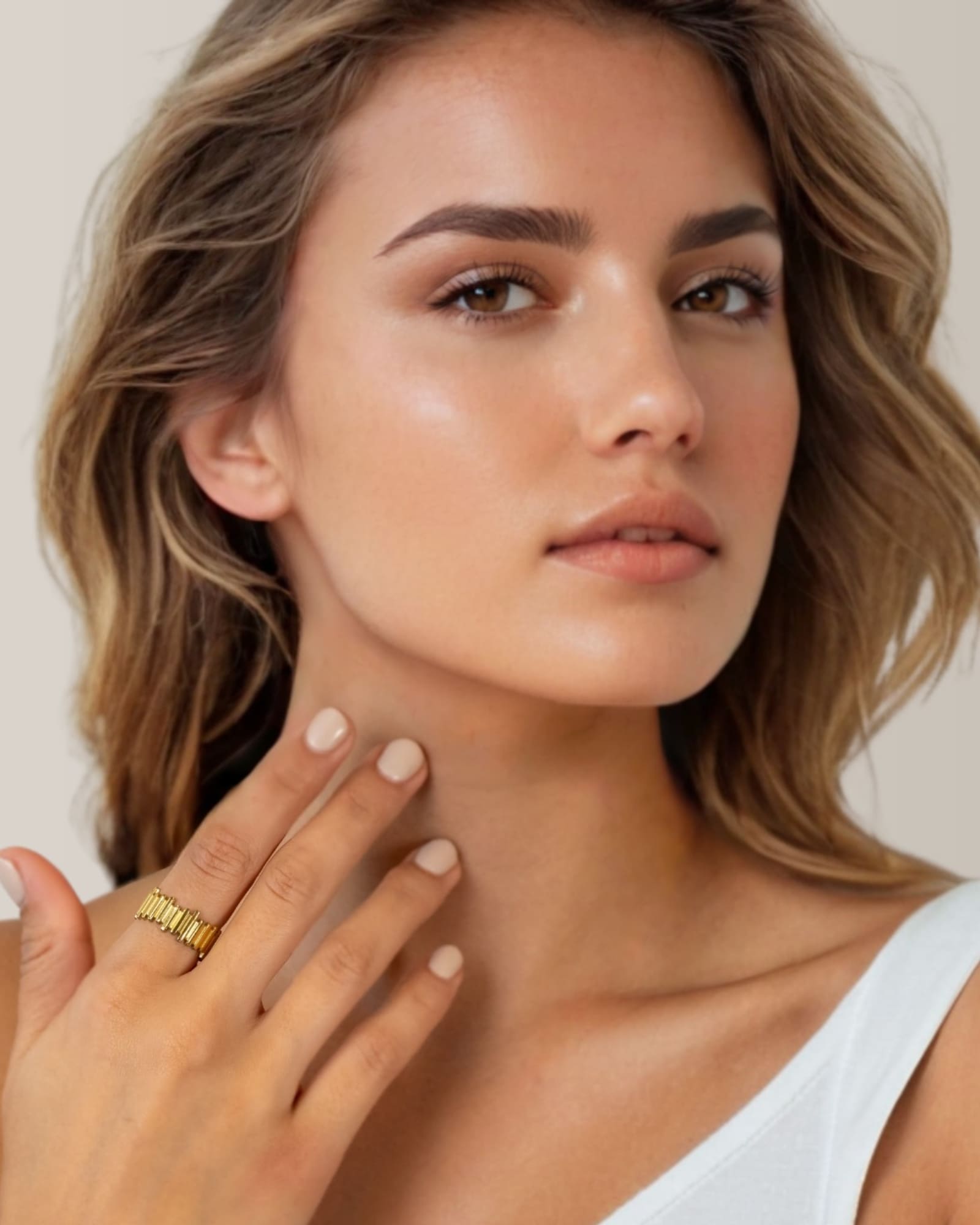 Horizon Gold Open Ring by Lavana on model sculptural vertical column open ring