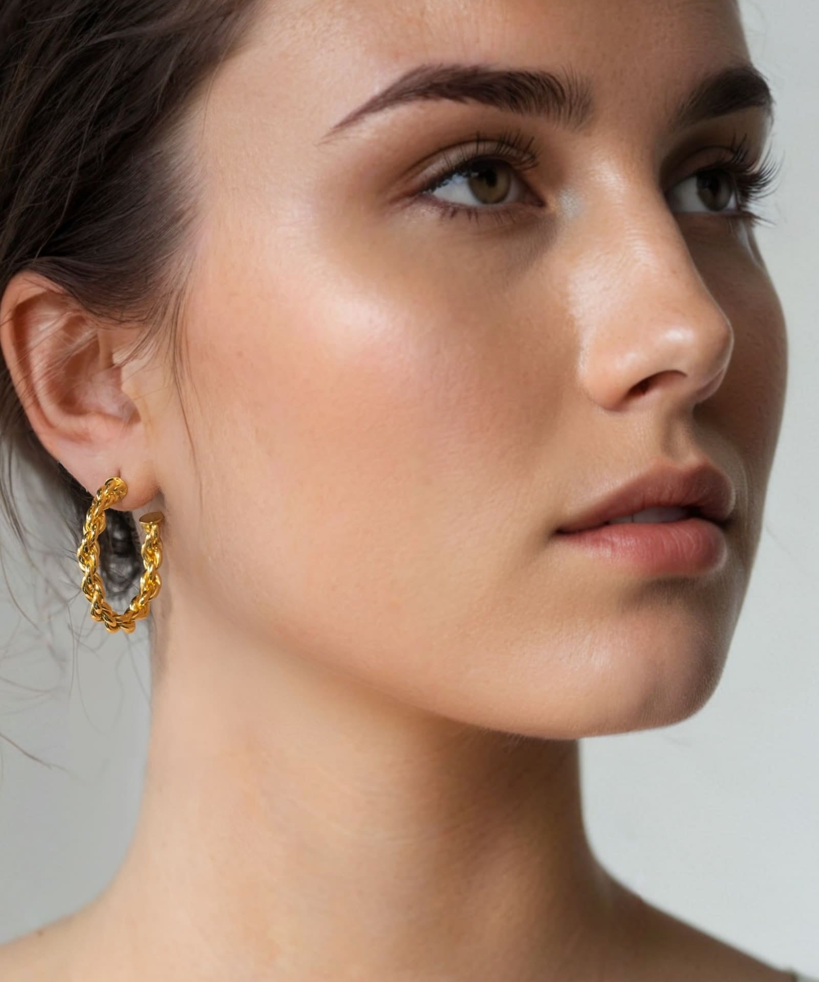 Interlace Gold Hoop Earrings by Lavana on model polished rope twist full hoop